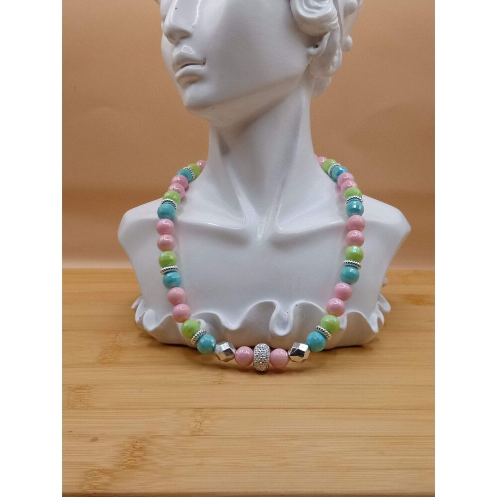 Vintage Pastel Pink, Green, Blue Acrylic w Fancy Spacers Beaded Necklace